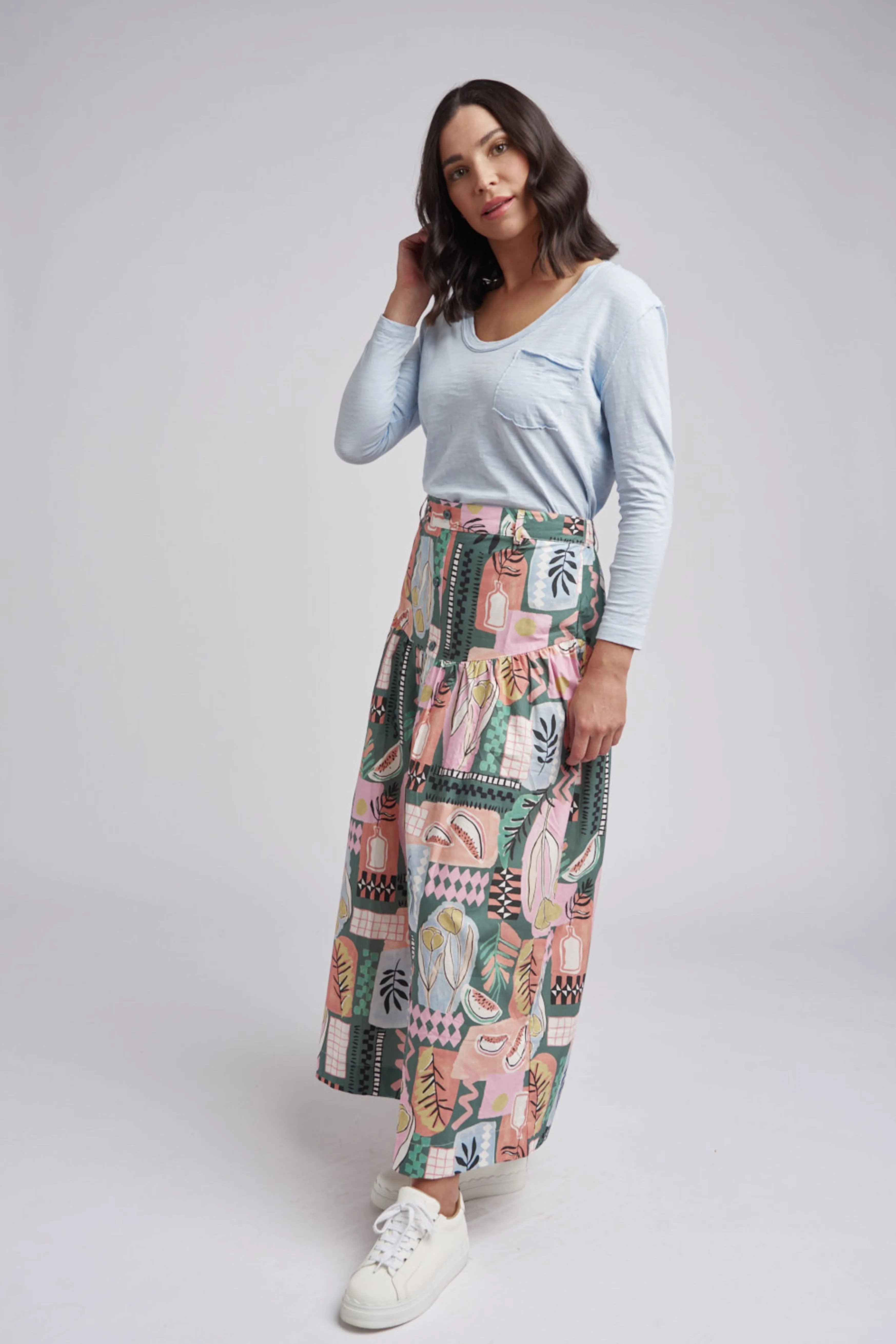 Ruffle Poppy Print Cotton Maxi Skirt