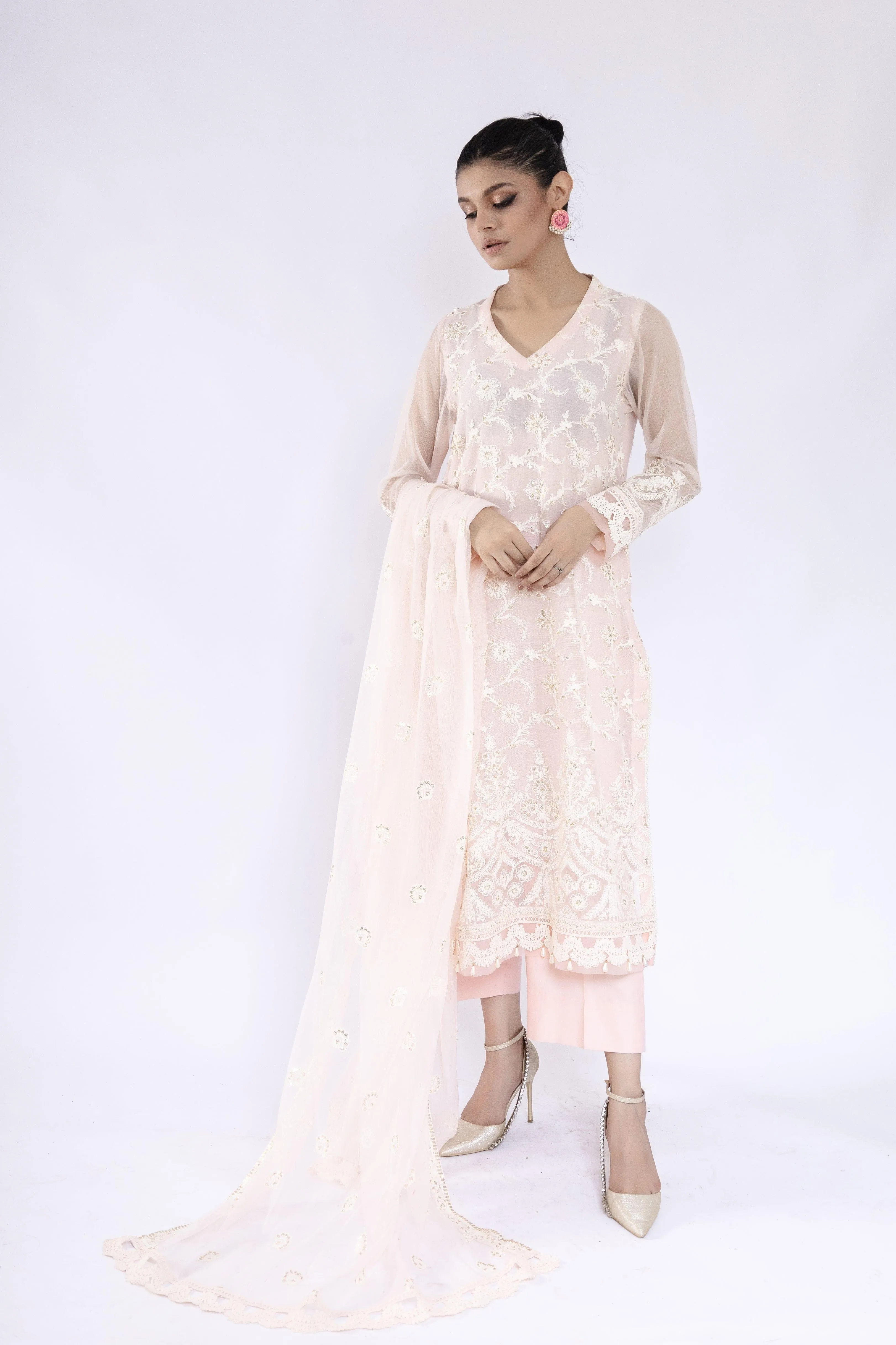 Sadia Aamir - Inara - Powder Pink Khaddi Net Shirt and Dupatta with Culottes - 3 Piece