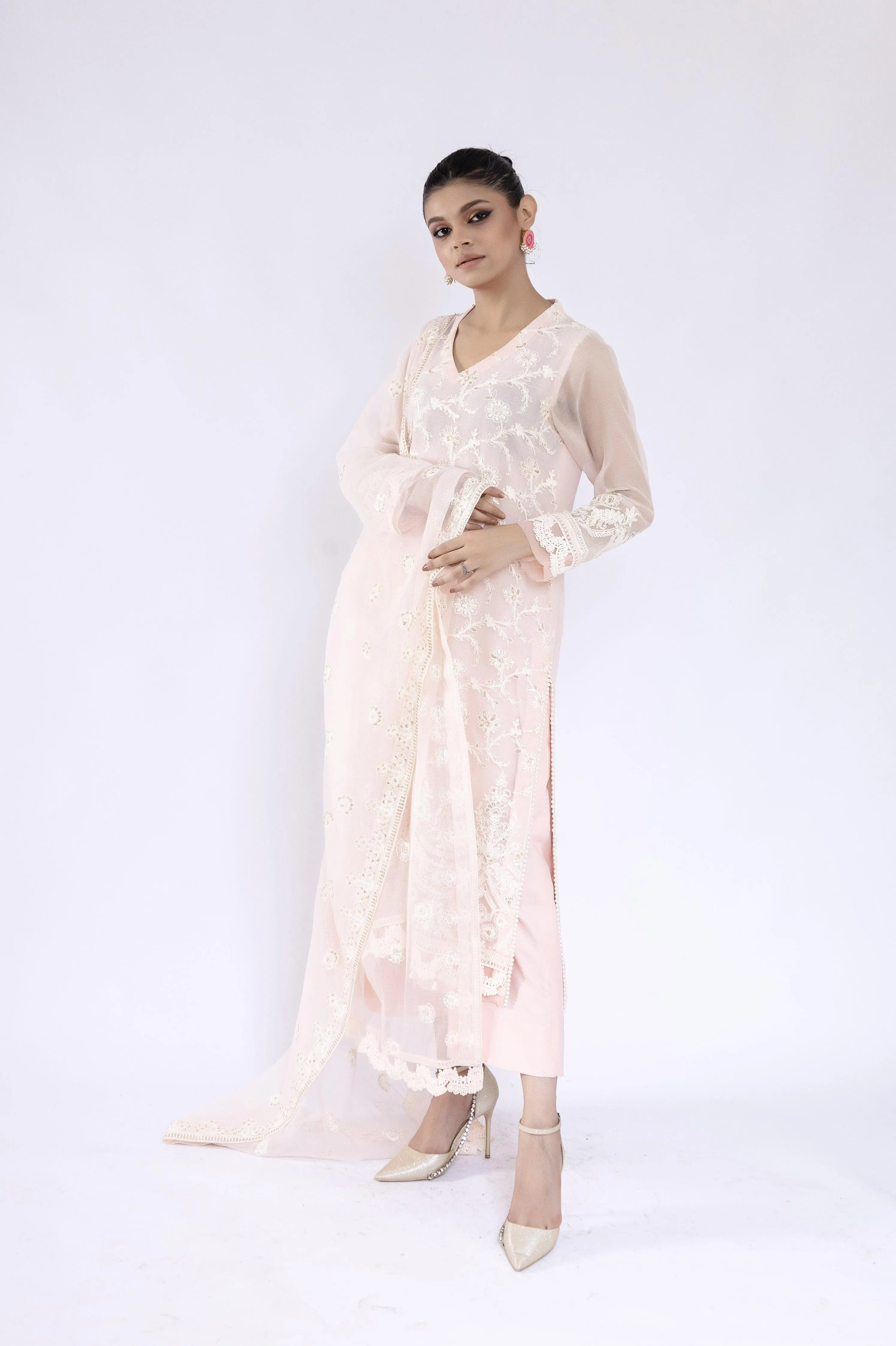 Sadia Aamir - Inara - Powder Pink Khaddi Net Shirt and Dupatta with Culottes - 3 Piece