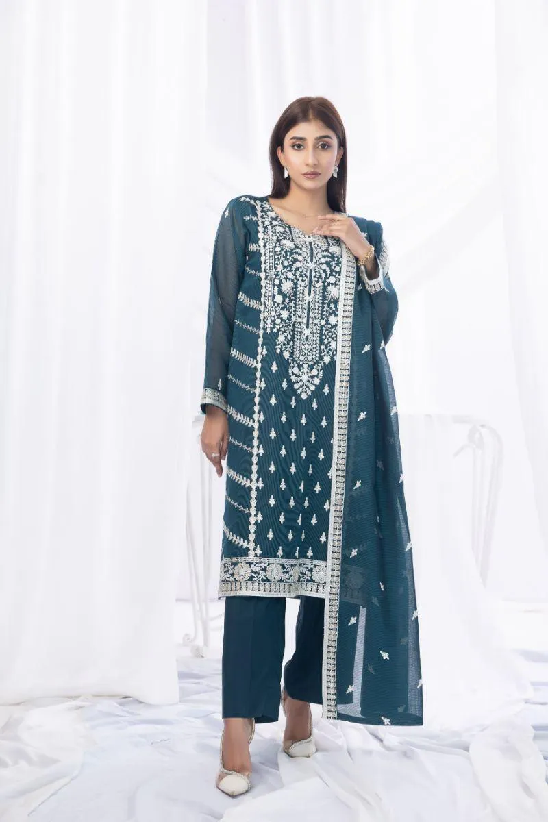 Sadia Aamir - Sabaat - Teal - Khaddi Net - 3 Piece