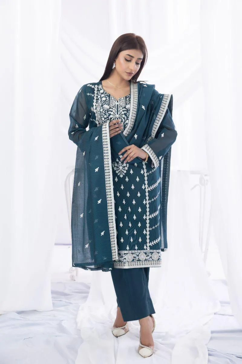 Sadia Aamir - Sabaat - Teal - Khaddi Net - 3 Piece