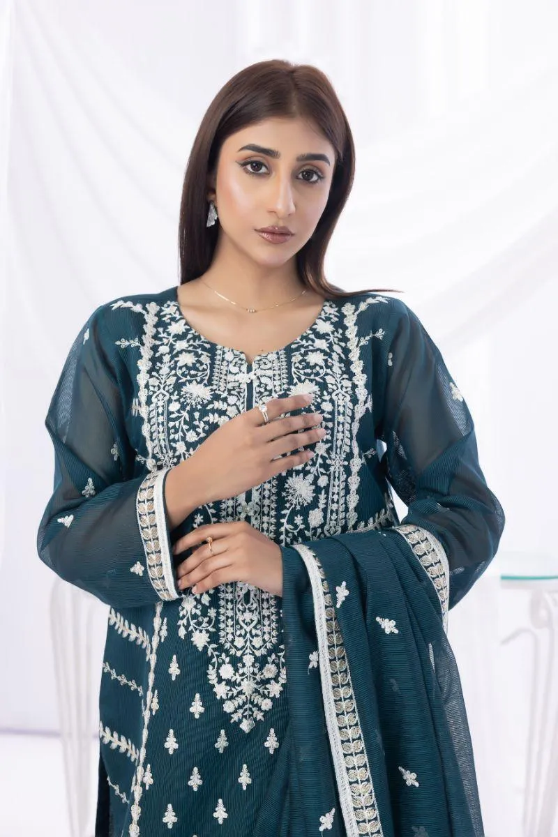 Sadia Aamir - Sabaat - Teal - Khaddi Net - 3 Piece