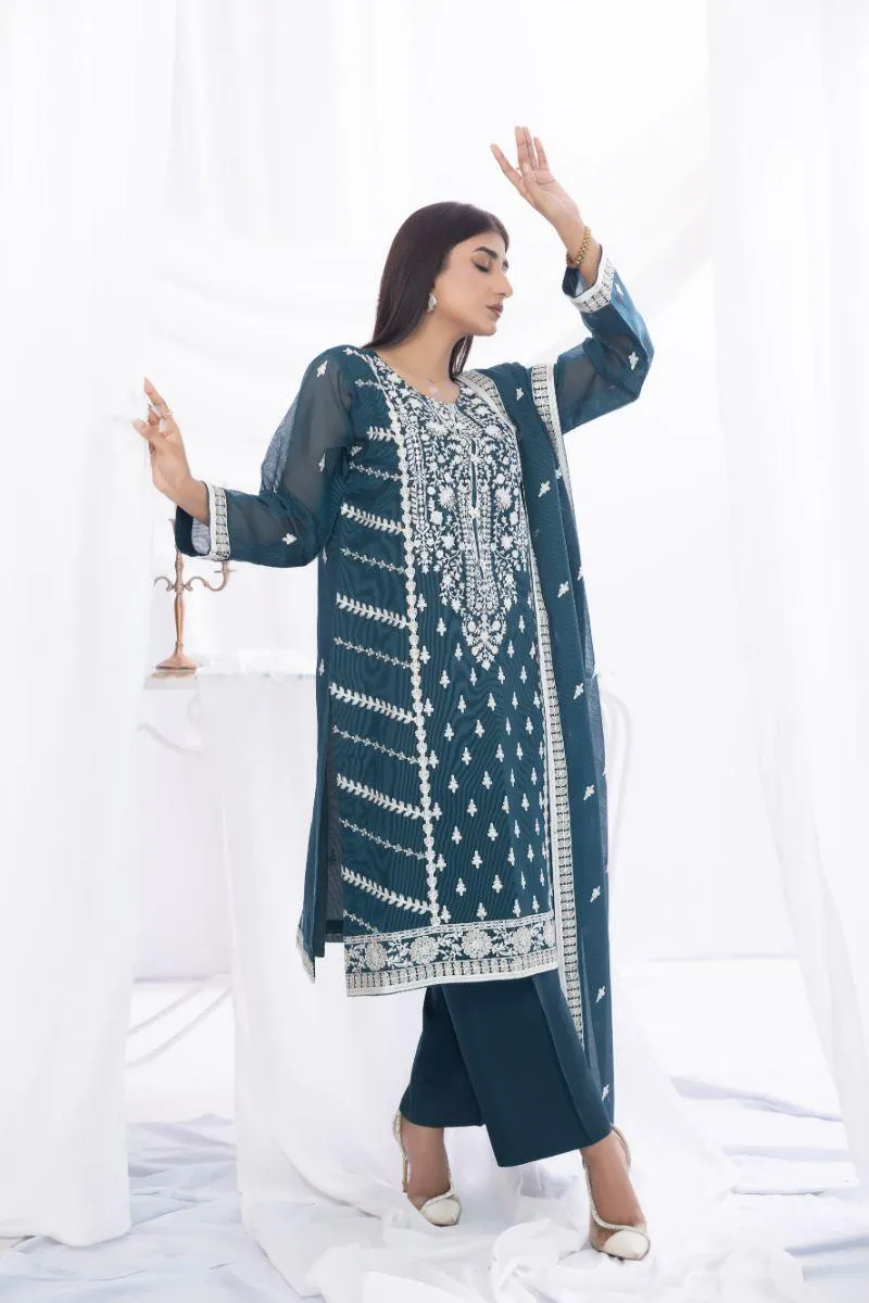 Sadia Aamir - Sabaat - Teal - Khaddi Net - 3 Piece