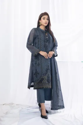 Sadia Aamir - Zahra - Charcoal - Khaddi Net - 3 Piece