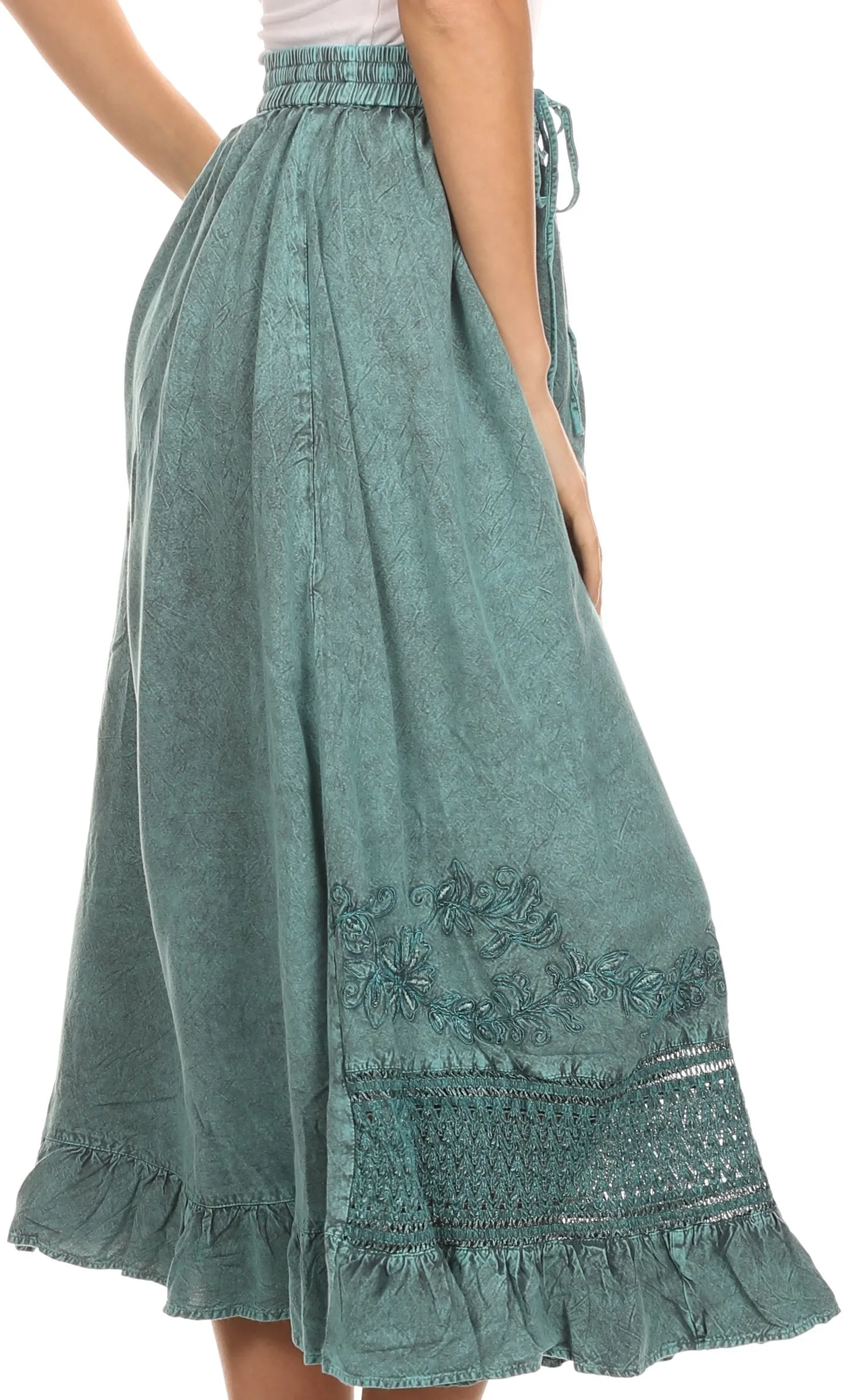 Sakkas Harley Bohemian Embroidered Ethnic Maxi Skirt Adjustable Waist Ruffle Trim