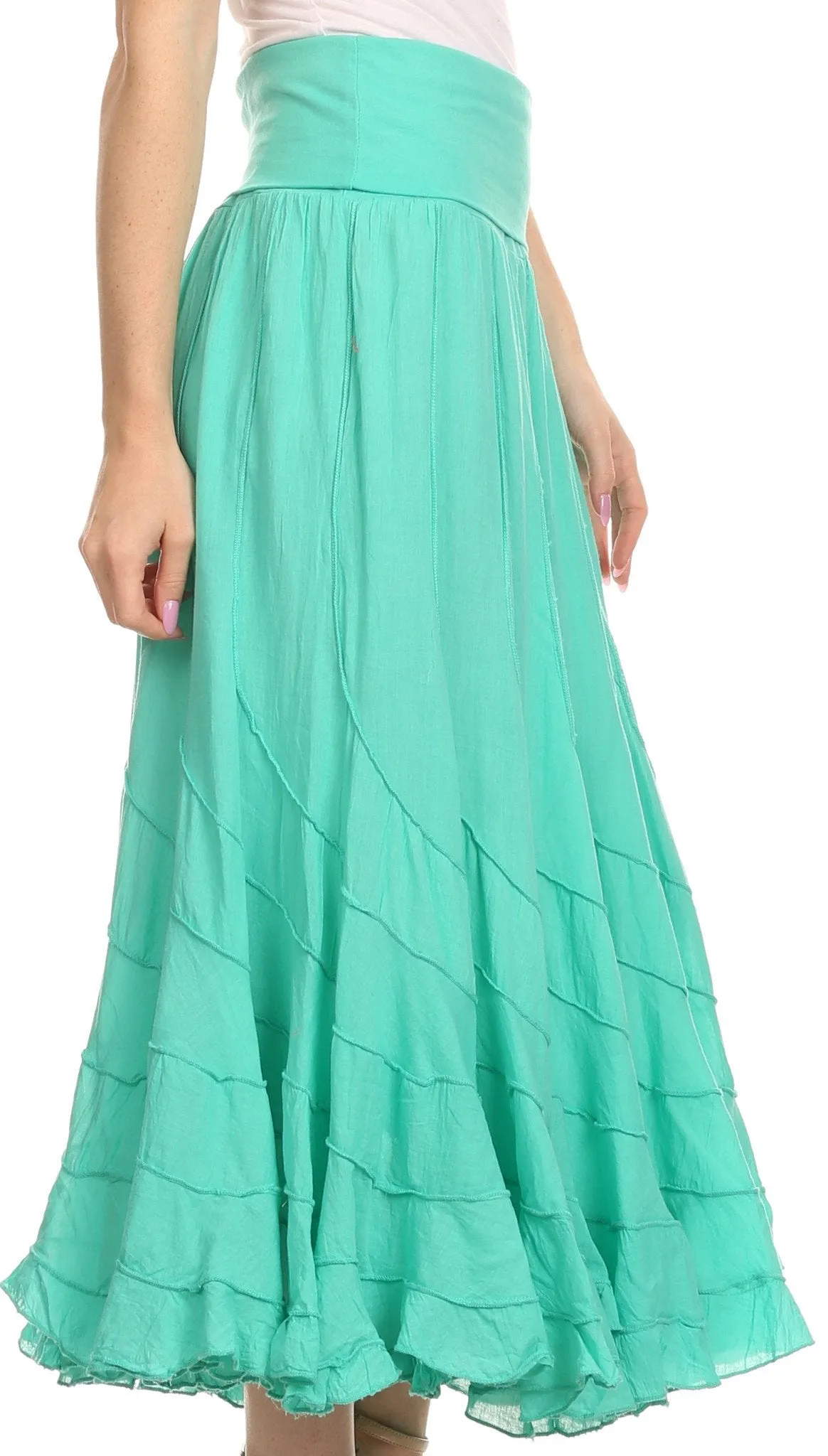 Sakkas Lika Long Ruffle Paneled Fold Over Adjustable High Waist Batik Flare Skirt