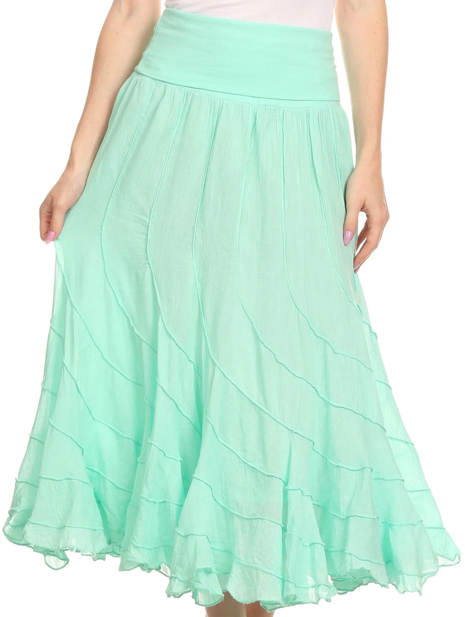 Sakkas Lika Long Ruffle Paneled Fold Over Adjustable High Waist Batik Flare Skirt