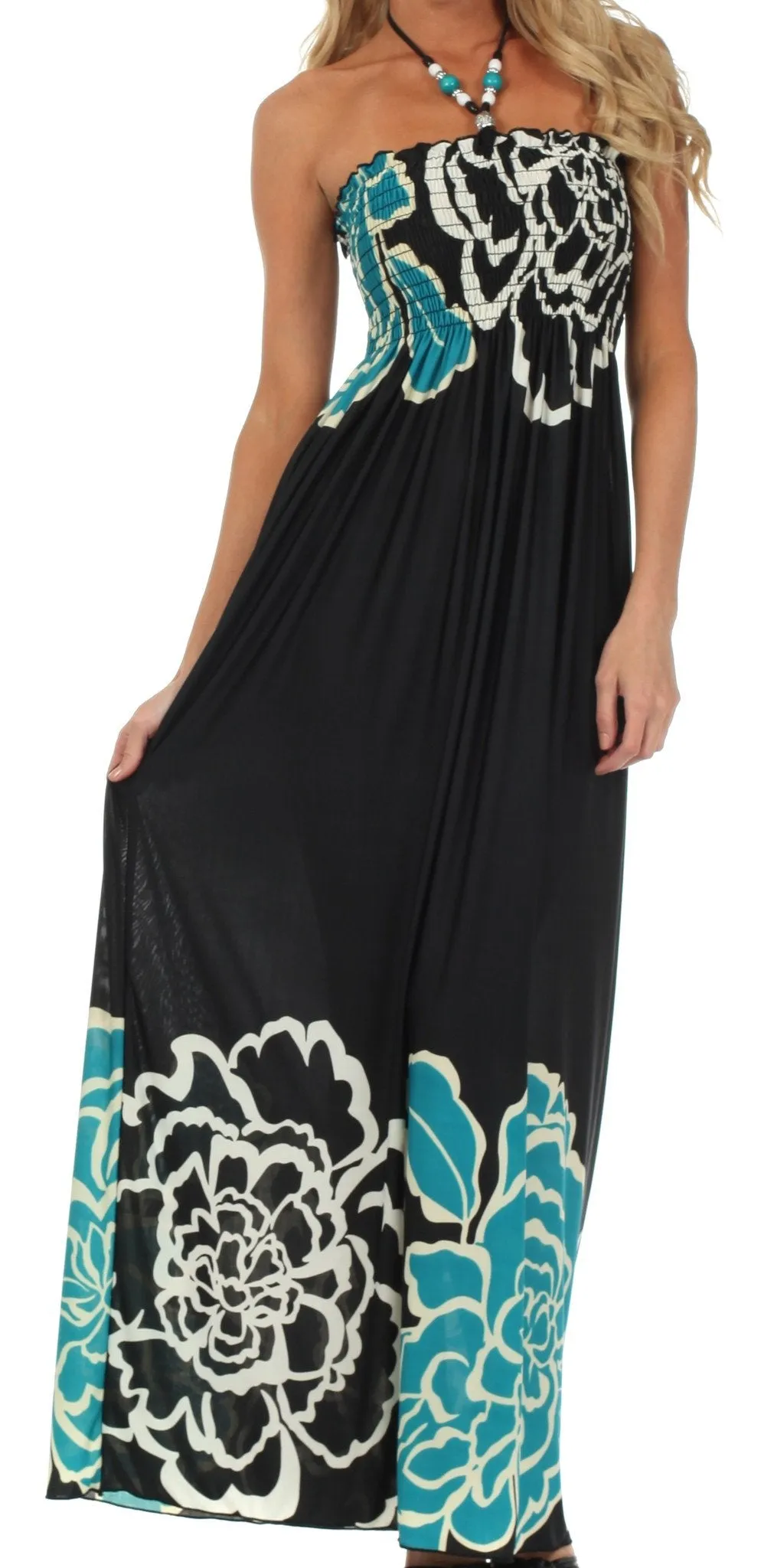 Sakkas Modern Floral Beaded Halter Smocked Bodice Maxi Dress