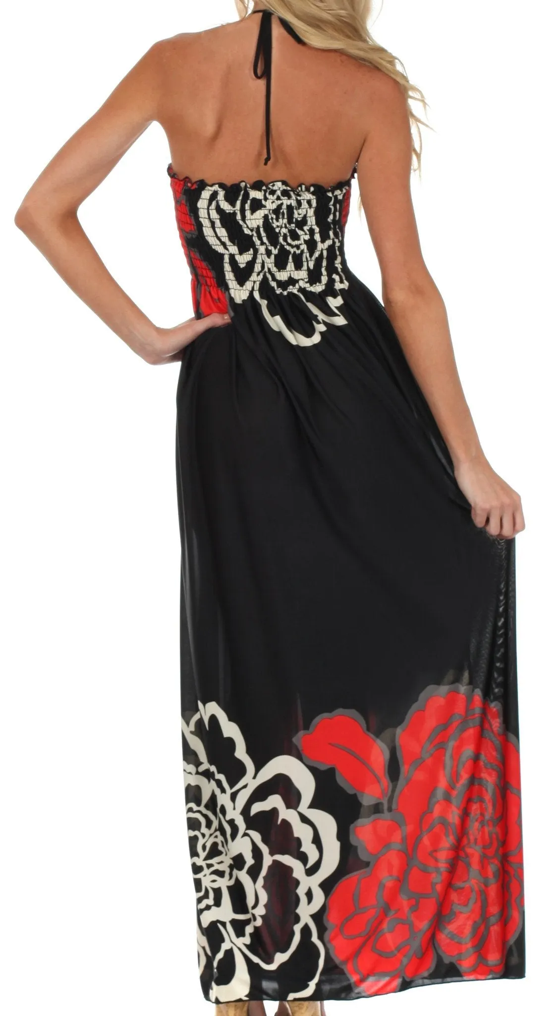 Sakkas Modern Floral Beaded Halter Smocked Bodice Maxi Dress