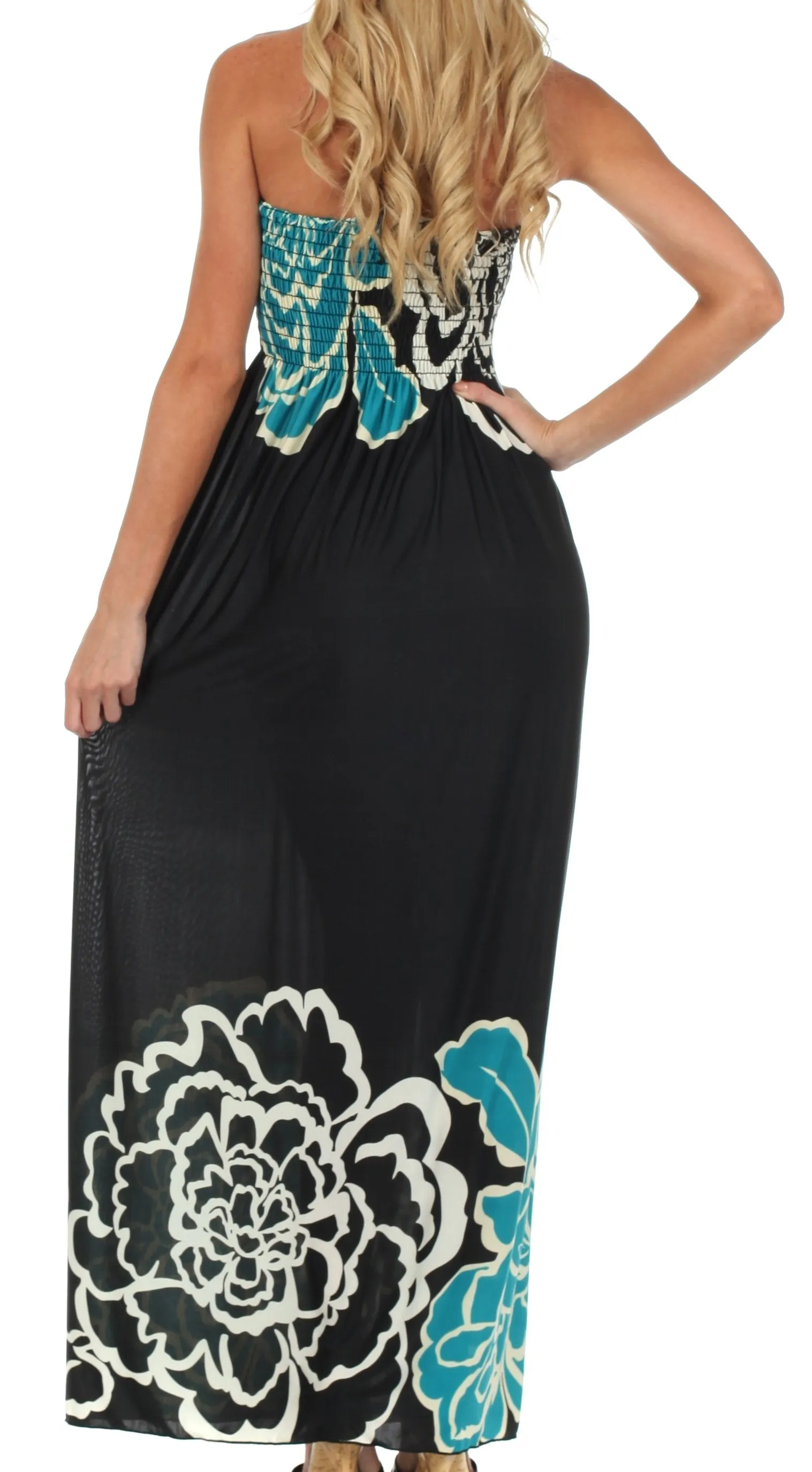 Sakkas Modern Floral Beaded Halter Smocked Bodice Maxi Dress