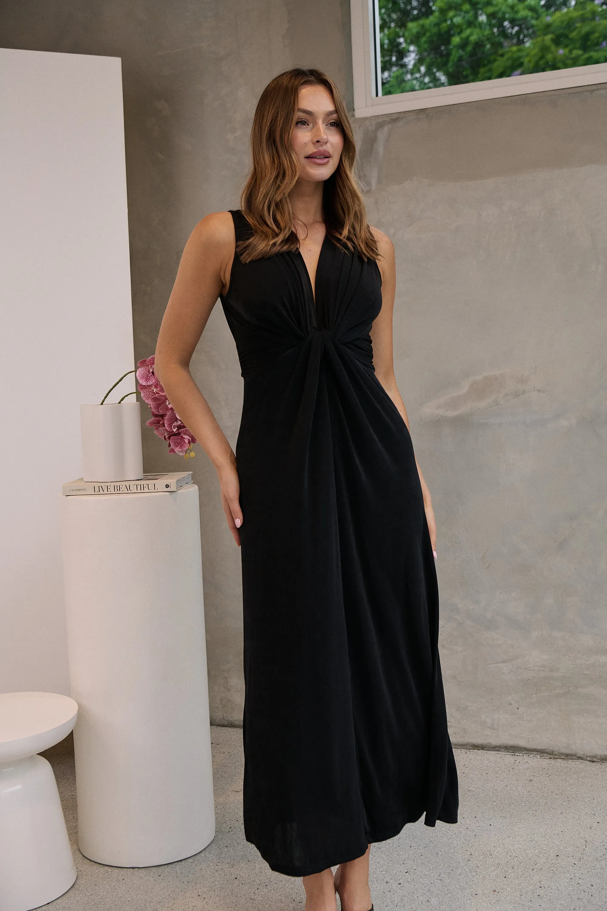 Samara Black Shimmer Crossover Tie Evening Dress