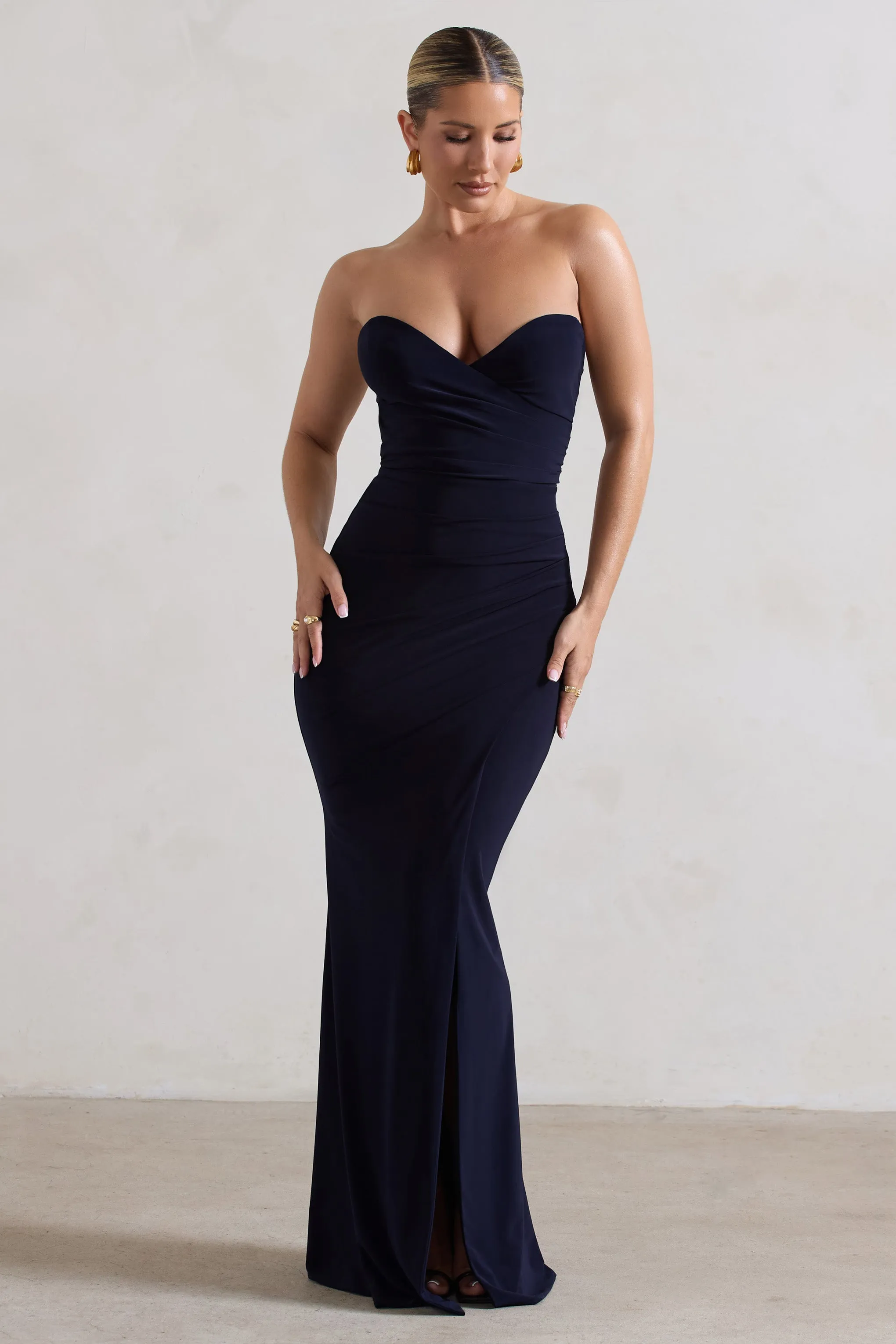 Saphira | Navy Gathered Corset Style Split Maxi Dress