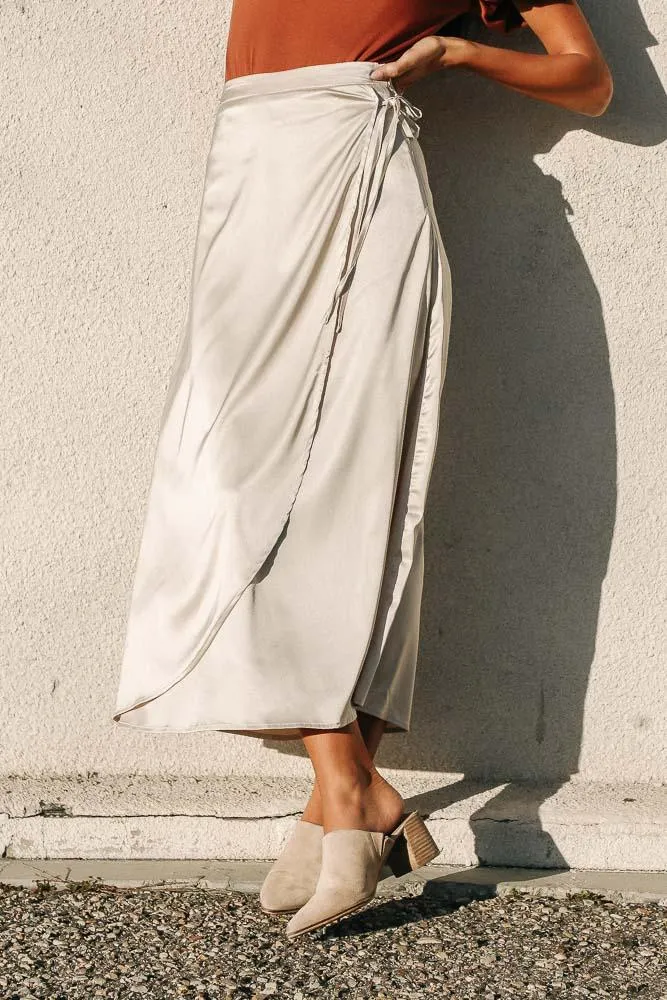 Satin Faux Wrap Skirt in Champagne