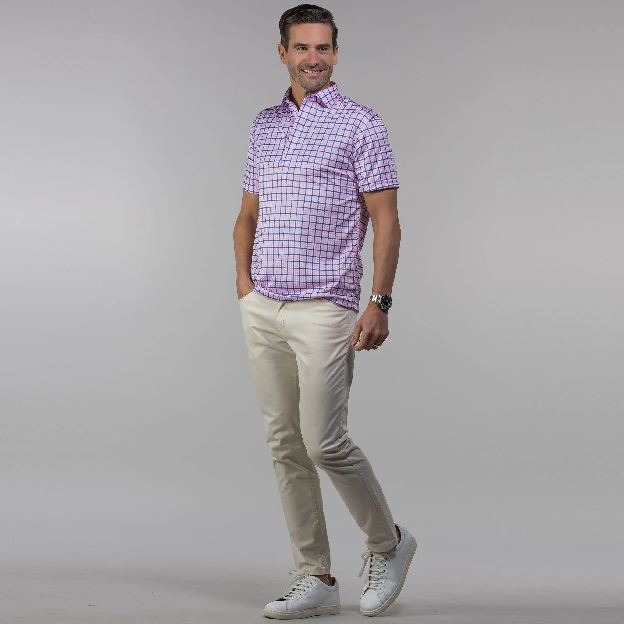 Semi-Spread Collar Polo The Chatham Pink and Blue Tattersall