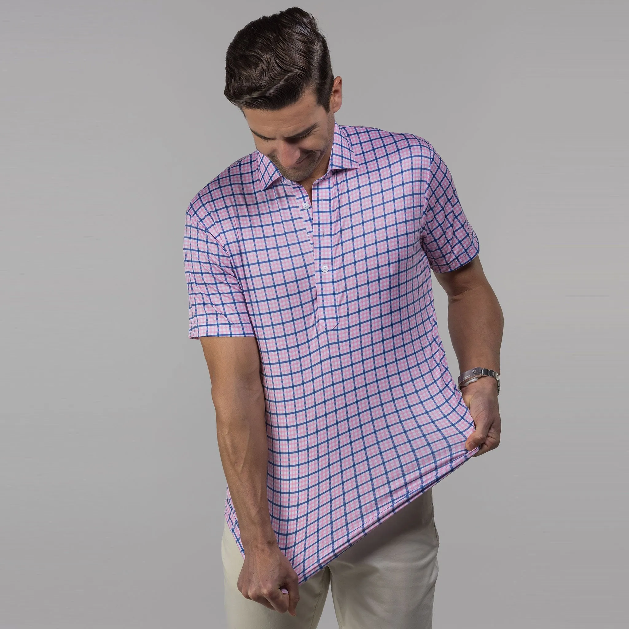 Semi-Spread Collar Polo The Chatham Pink and Blue Tattersall