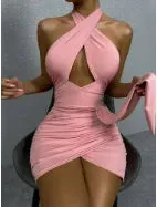 Sexy Halter Sleeveless Bodycon Mini Dress Women's Backless Party Dating Dresses Ribbon Hollow Out Nightclub Wear