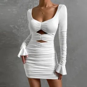 Sexy Long Trumpet Sleeve Hollow Out Mini Dress Women's Square Collar  Pleated Bodycon Cutout Dresses Party Nightclub