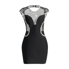 Sexy Patchwork Diamonds Dress For Women Round Neck Sleeveless High Waist Bodycon Spliced Mesh Chic Dresses Female