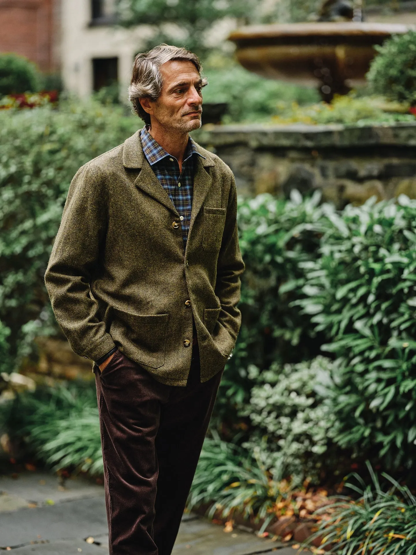 Shetland Wool Loafer Jacket in Olive Herringbone