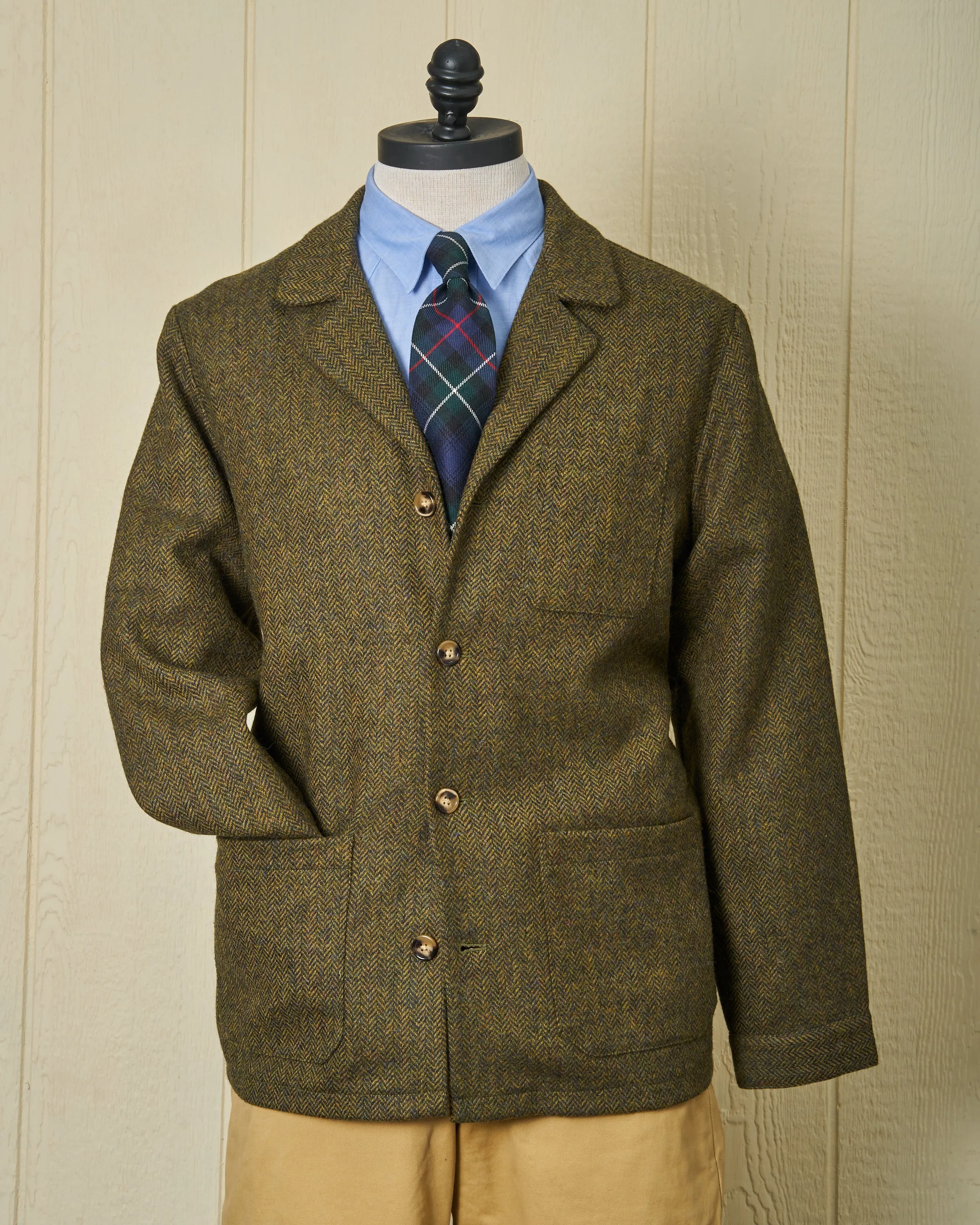 Shetland Wool Loafer Jacket in Olive Herringbone