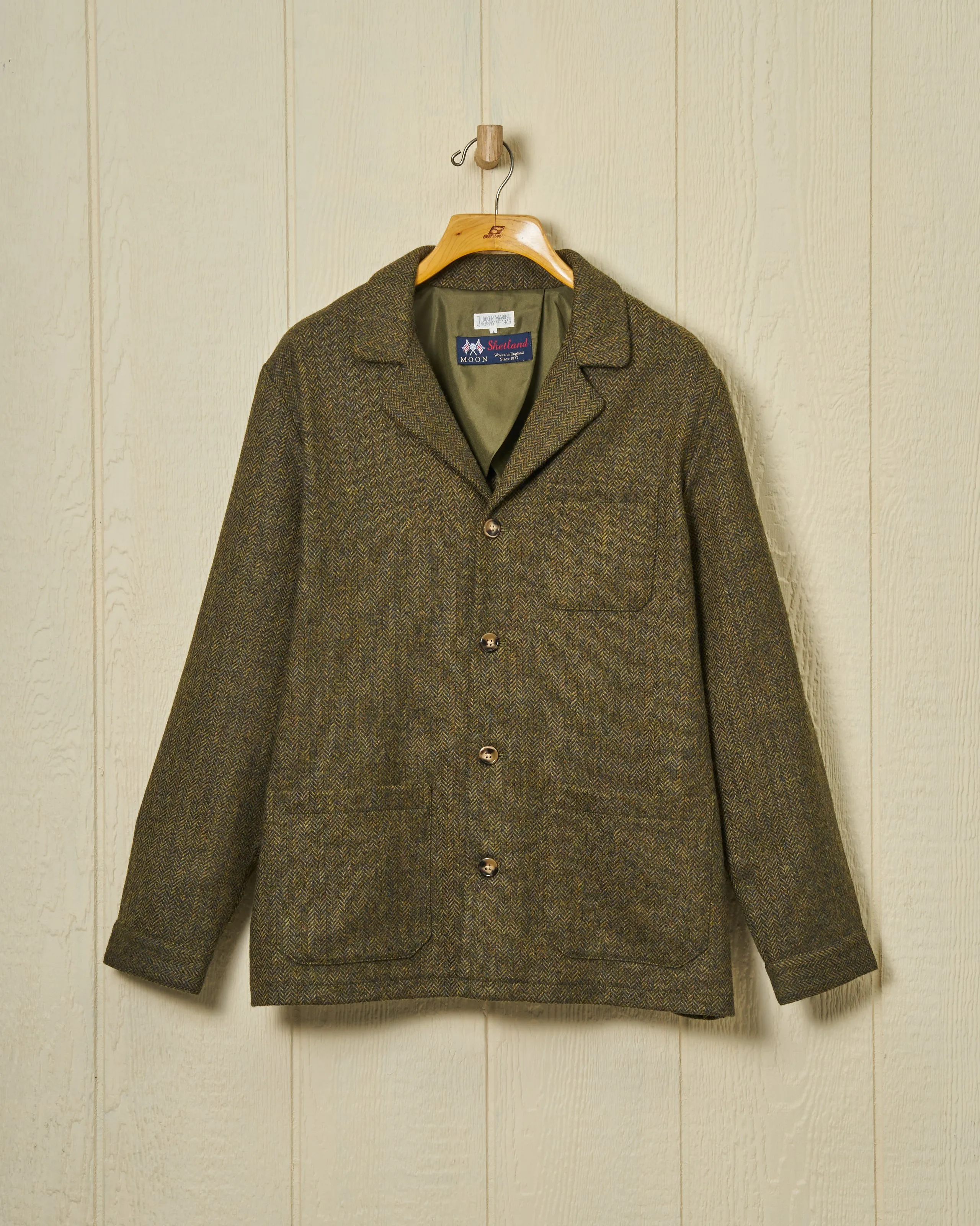 Shetland Wool Loafer Jacket in Olive Herringbone