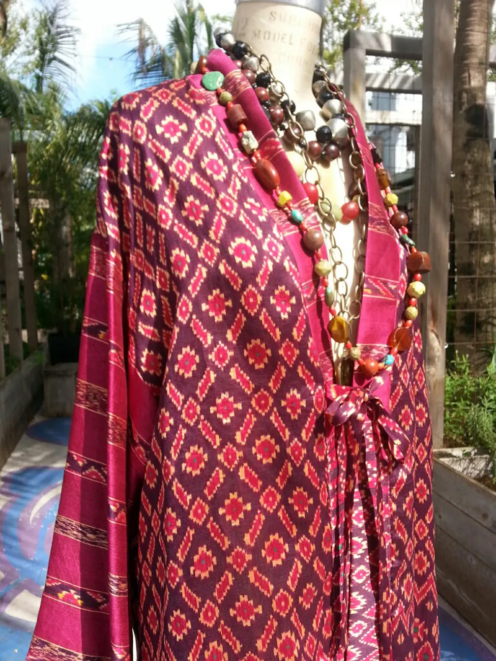 Silk Ikat Organza Kimono Caftan Aubergine