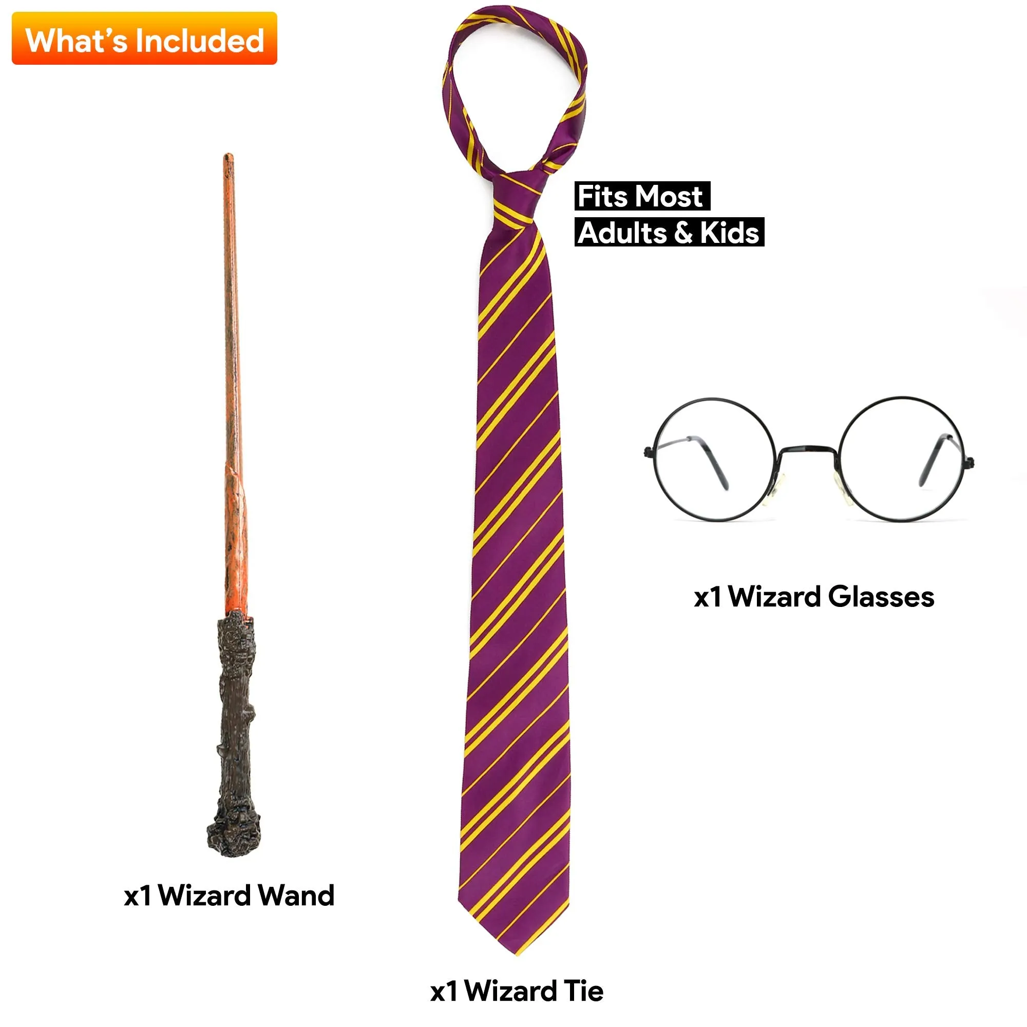 Skeleteen Wizard Costume Accessories Set - Nerd Circle Glasses, Red and Gold Tie and a Magic Wand Accessory Set for Kids and Adults