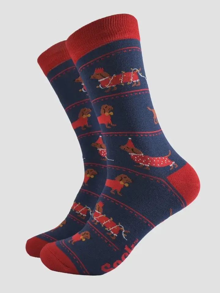 Sock Talk Bamboo Socks Sausage Dog Party in Navy Blue (MENS)