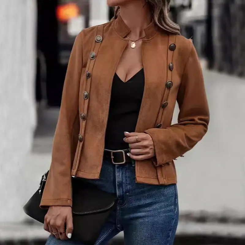 Solid Short Double-Breasted Suede Jacket for Women - Stylish Retro Outerwear