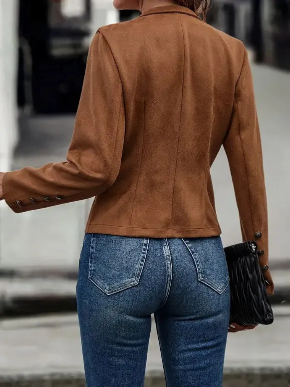 Solid Short Double-Breasted Suede Jacket for Women - Stylish Retro Outerwear