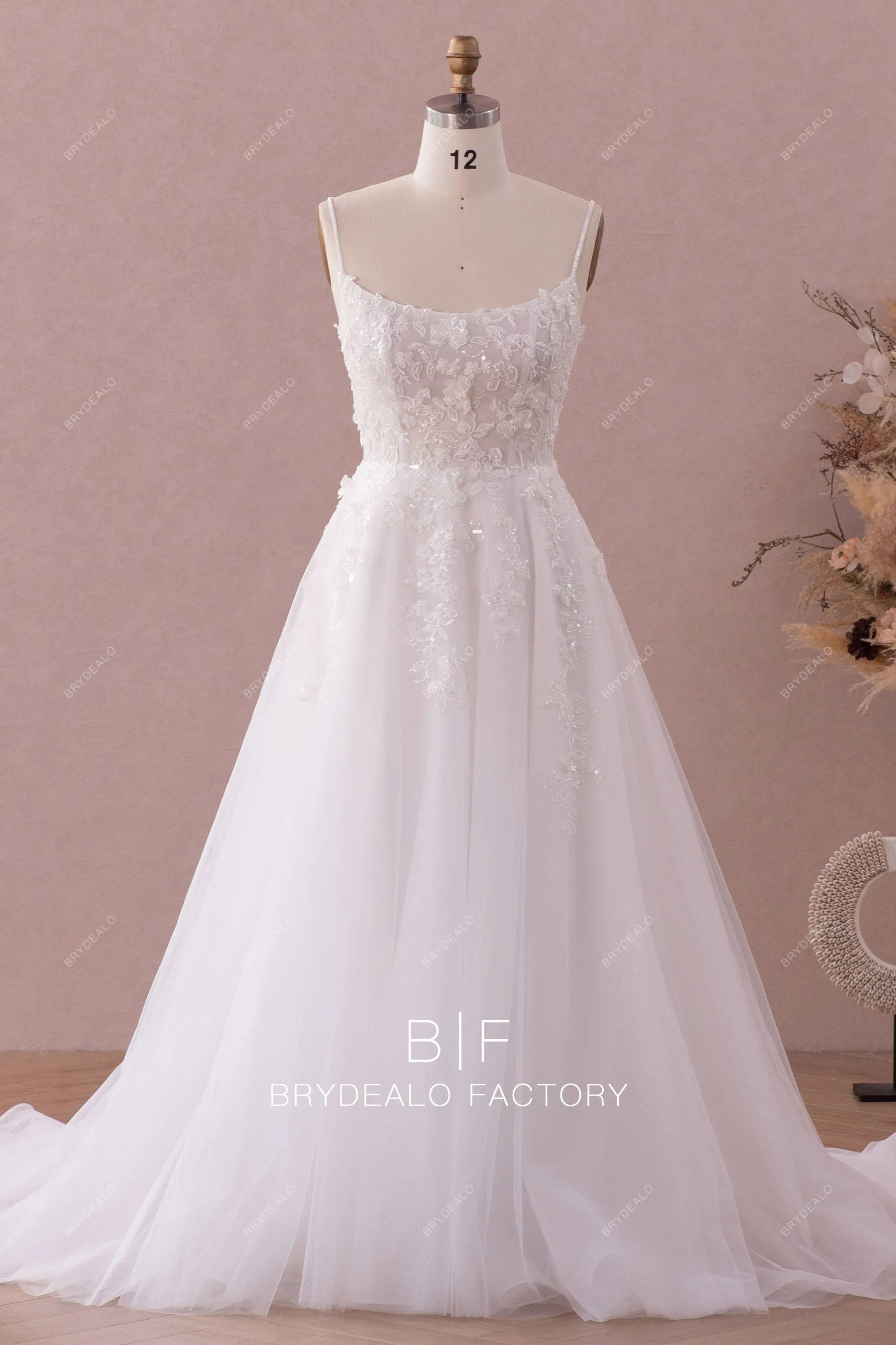 Spaghetti Straps Shimmery Lace Princess A-line Wedding Dress