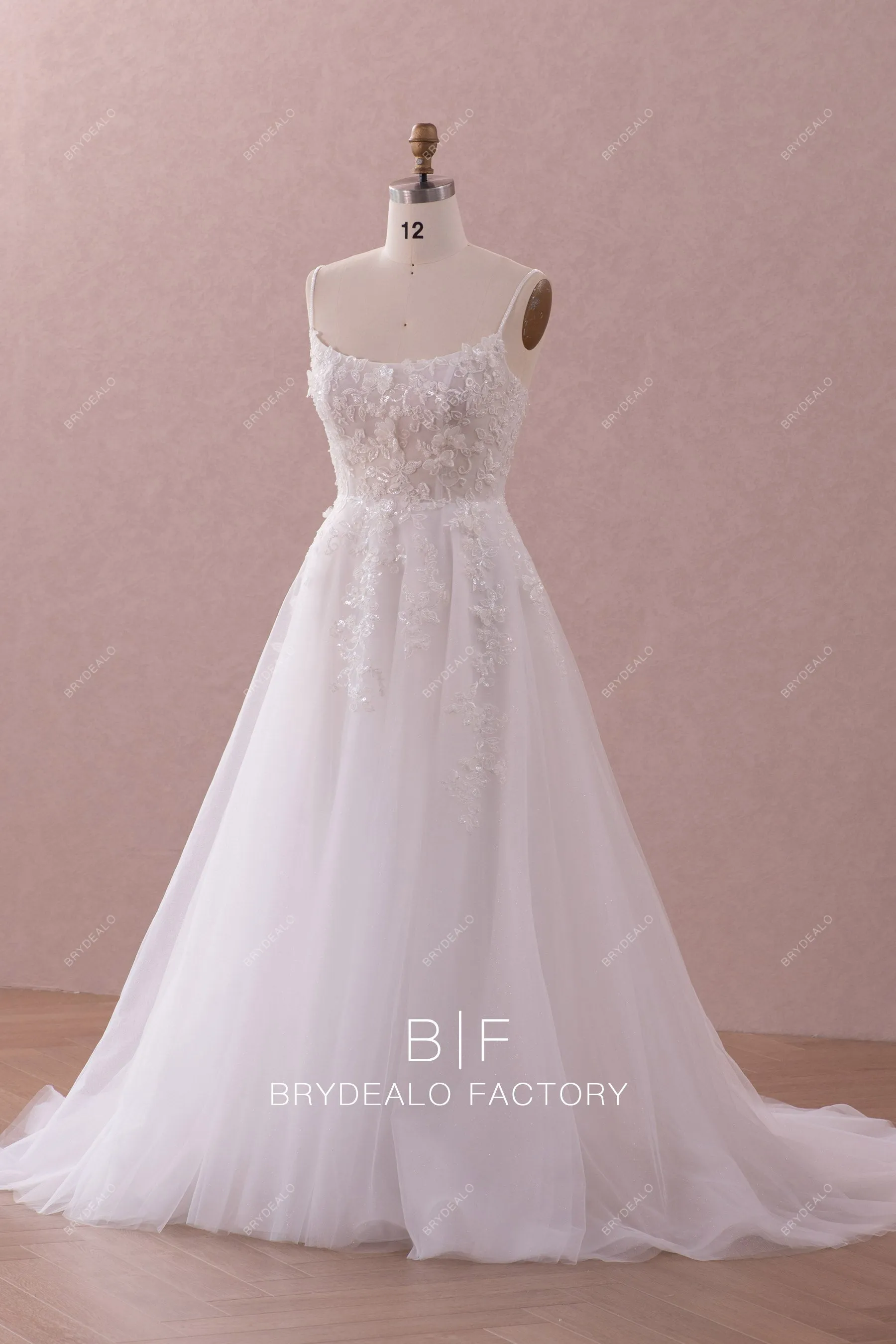 Spaghetti Straps Shimmery Lace Princess A-line Wedding Dress