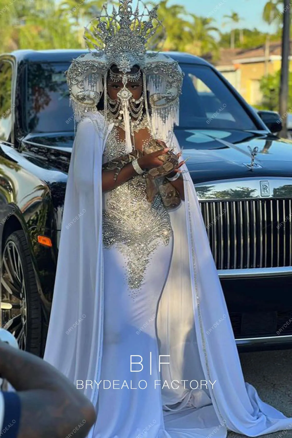 Sparkly Rhinestones White Jersey Mermaid Prom Dress with Cape