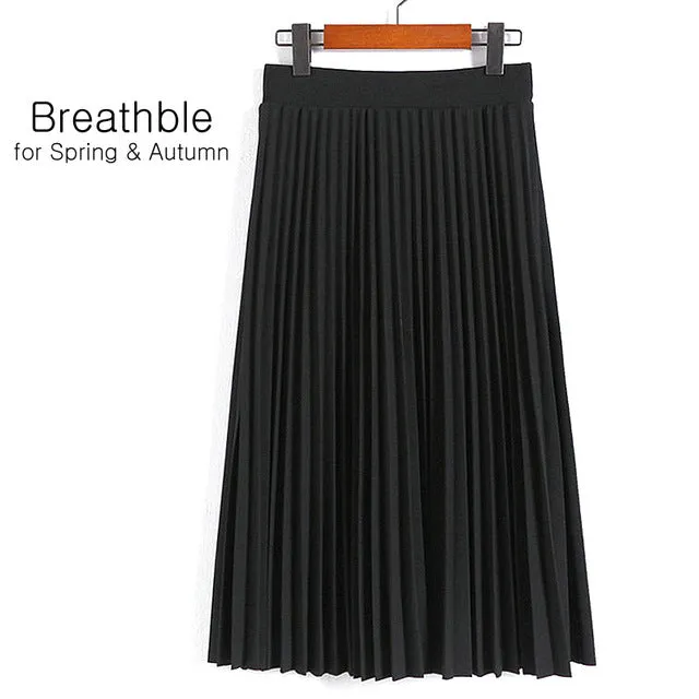 Spring Autumn New 2017 Fashion Women's High Waist Pleated Solid Color Length Elastic Skirt Promotions Lady Black Pink Party