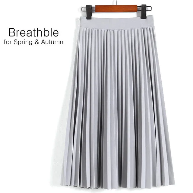 Spring Autumn New 2017 Fashion Women's High Waist Pleated Solid Color Length Elastic Skirt Promotions Lady Black Pink Party