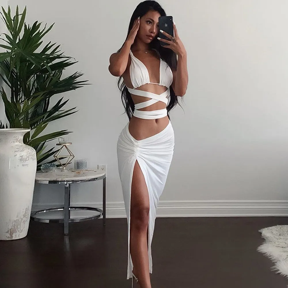 Strappy Cross Crop Top and Maxi Skirt Two Piece Cut Out White Irregular Club Wear Women 2 Piece Outfit Set