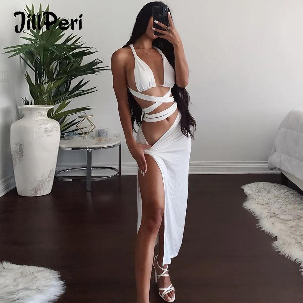 Strappy Cross Crop Top and Maxi Skirt Two Piece Cut Out White Irregular Club Wear Women 2 Piece Outfit Set