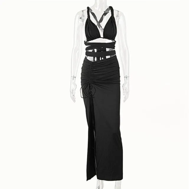 Strappy Cross Crop Top and Maxi Skirt Two Piece Cut Out White Irregular Club Wear Women 2 Piece Outfit Set