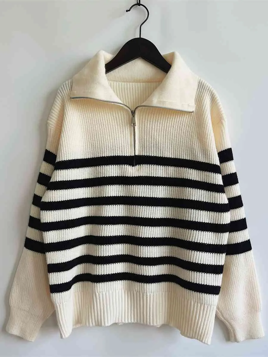 Striped Half Zip Collared Sweater