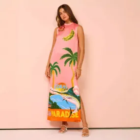 Summer Sleeveless Round Neck Printed Casual Slit Dress Women