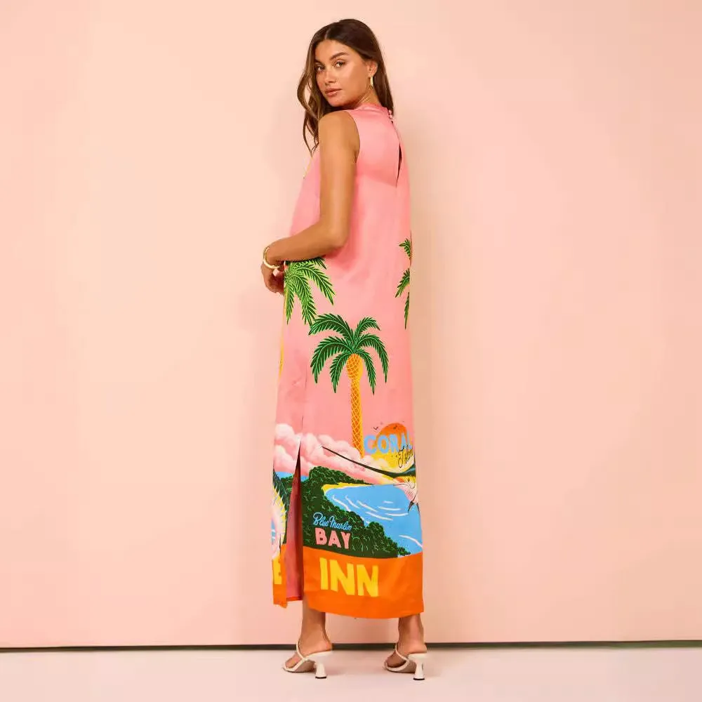 Summer Sleeveless Round Neck Printed Casual Slit Dress Women