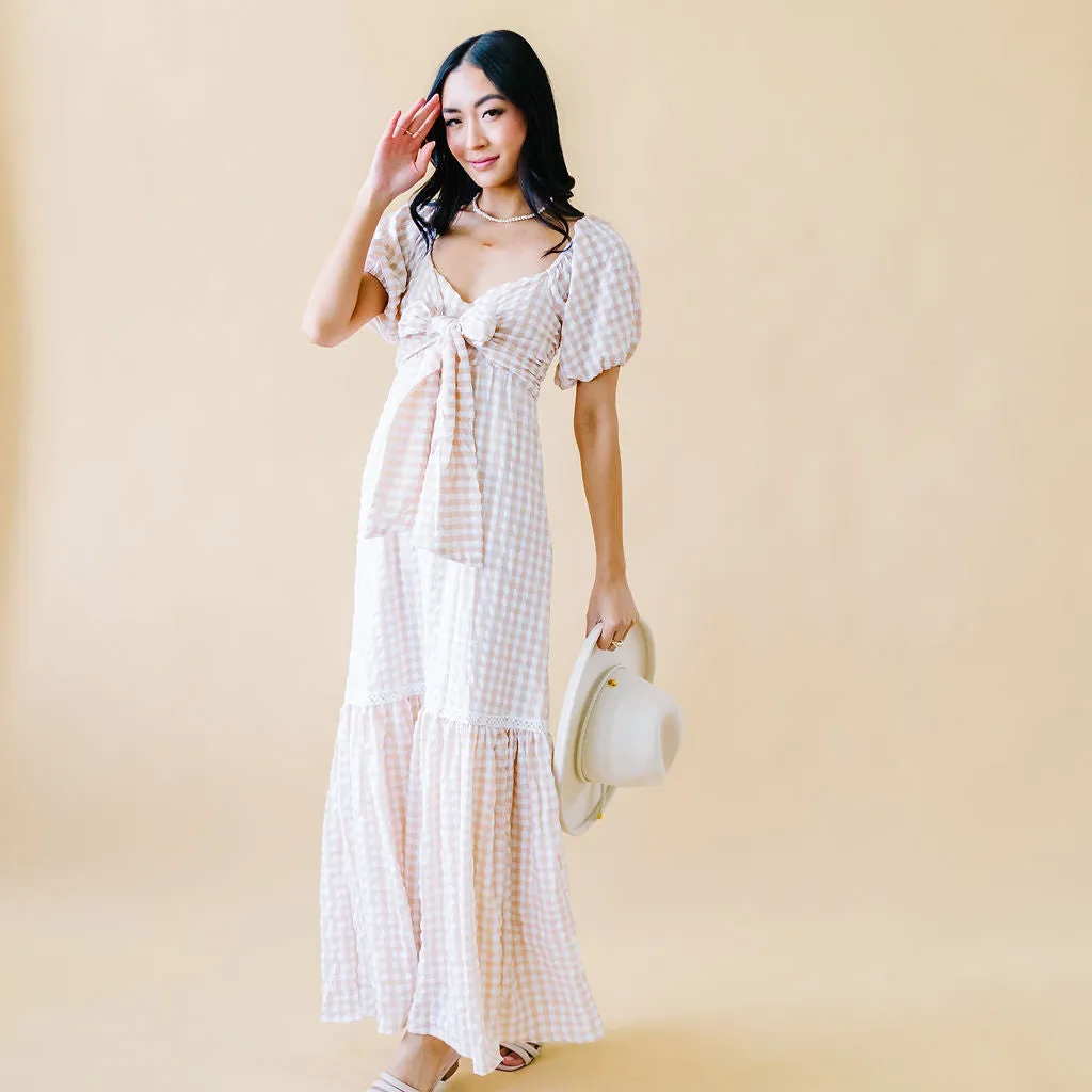 Sweet Peach Tea Front Tie Maxi in Taupe