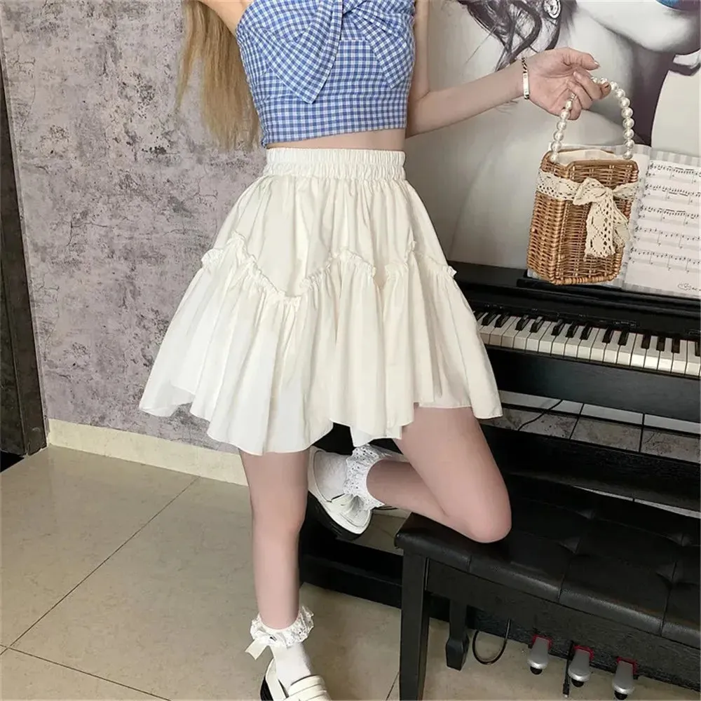 Sweet White Lolita Fungus Mini Pleated Skirt Women Summer Kawaii Patchwork Black Goth tutu Skirt Korean Y2k Preppy Streetwear