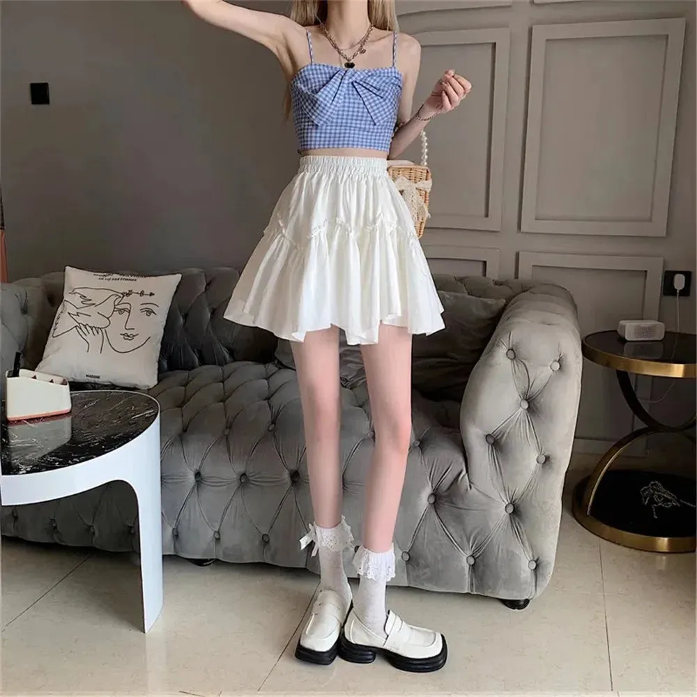 Sweet White Lolita Fungus Mini Pleated Skirt Women Summer Kawaii Patchwork Black Goth tutu Skirt Korean Y2k Preppy Streetwear