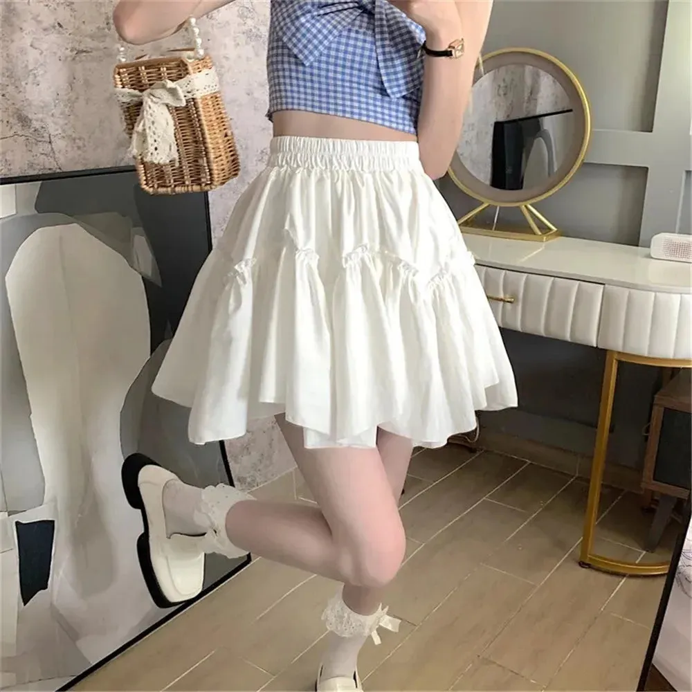 Sweet White Lolita Fungus Mini Pleated Skirt Women Summer Kawaii Patchwork Black Goth tutu Skirt Korean Y2k Preppy Streetwear