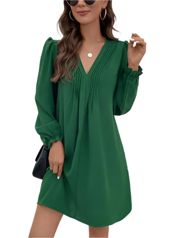 TEEK - Green V-neck Smocked Long-Sleeved Dress