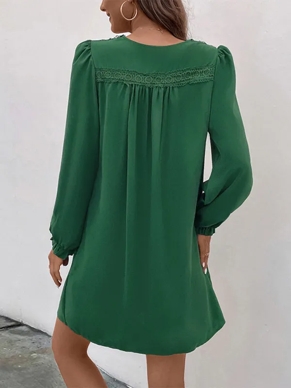 TEEK - Green V-neck Smocked Long-Sleeved Dress