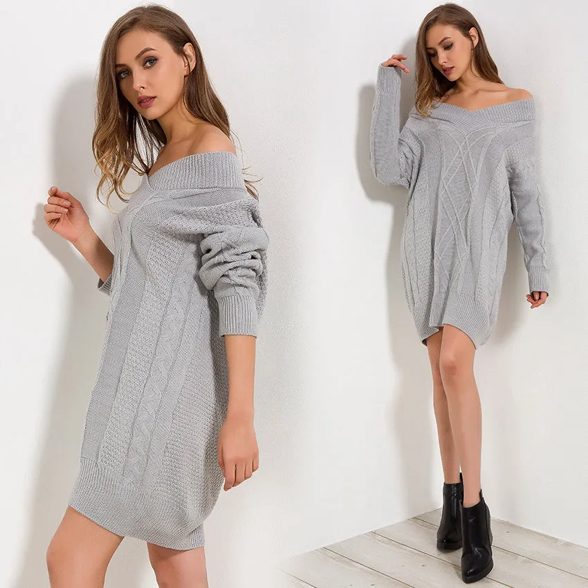 Thick Off Shoulder Knitted Sweater Dress