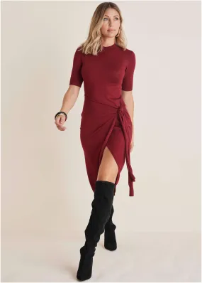 Tie Side Sweater Dress - Wine