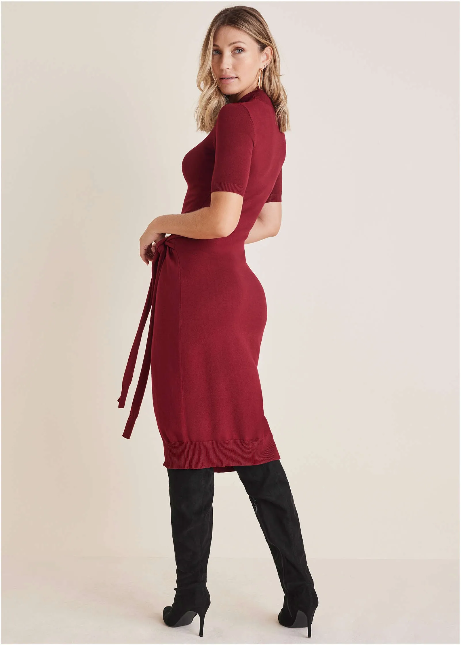 Tie Side Sweater Dress - Wine